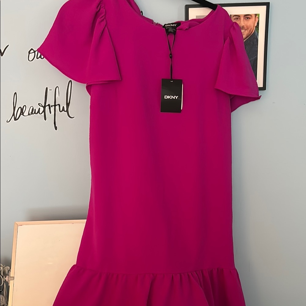 DKNY Pink Off-the-Shoulder Ruffled Mini Dress